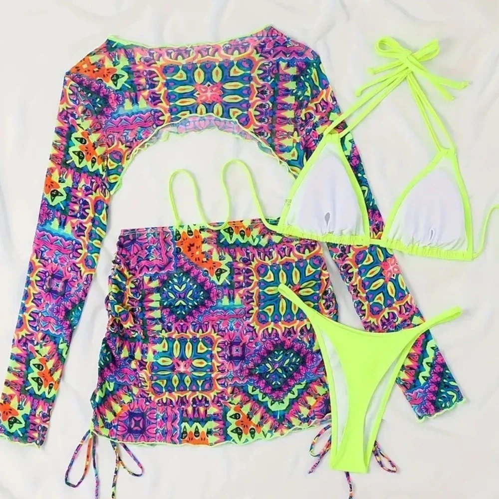 4pc Yellow Triangle Halter High Cut Bikini Set with Shrug & Drawstring Skirt